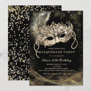 Black Gold Masquerade Birthday Party Invitation