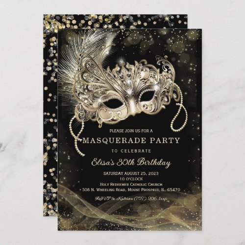 Black Gold Masquerade Birthday Party Invitation