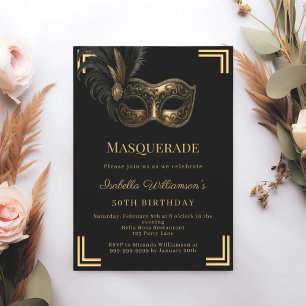 Black gold Masquerade birthday party Invitation