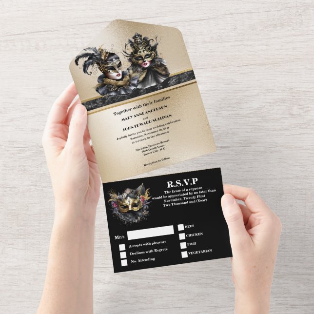 Black gold masquerade face mask wedding elegant all in one invitation (Tearaway)