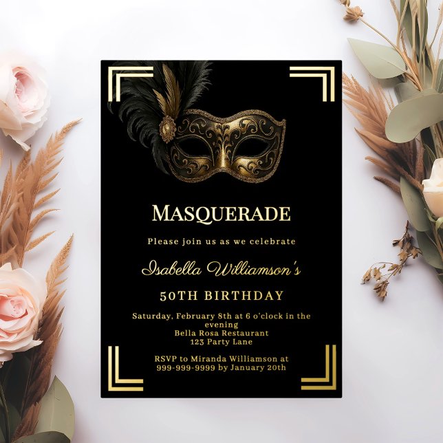 Black gold Masquerade luxury birthday party Foil Invitation (Creator Uploaded)