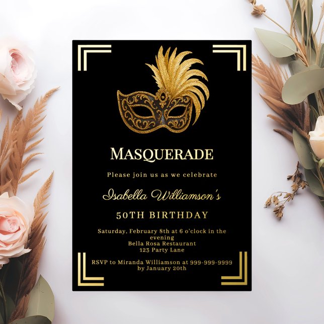 Black gold Masquerade luxury birthday party Foil Invitation (Creator Uploaded)