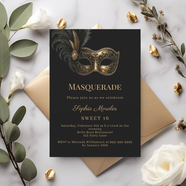 Black gold Masquerade party Sweet 16 Invitation (Creator Uploaded)