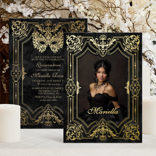 Black Gold Masquerade Photo Quinceanera Foil Invitation