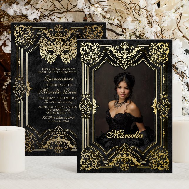 Black Gold Masquerade Photo Quinceanera Foil Invitation (Creator Uploaded)