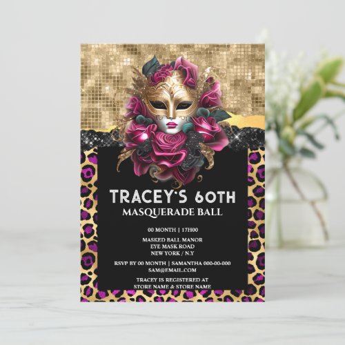 Black gold masquerade pink rose leopard print mask invitation