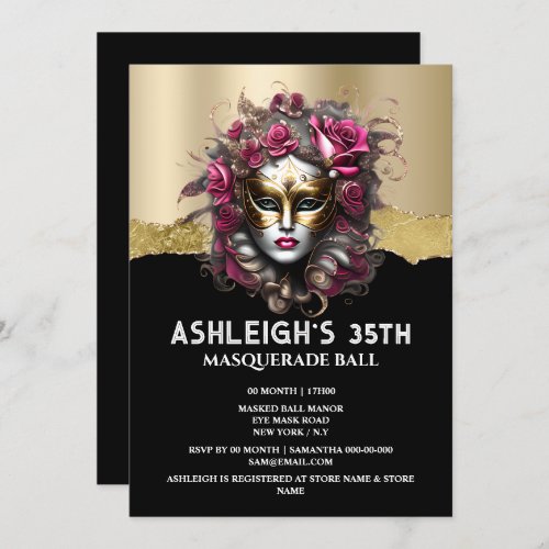 Black gold masquerade pink rose mask elegant girls invitation