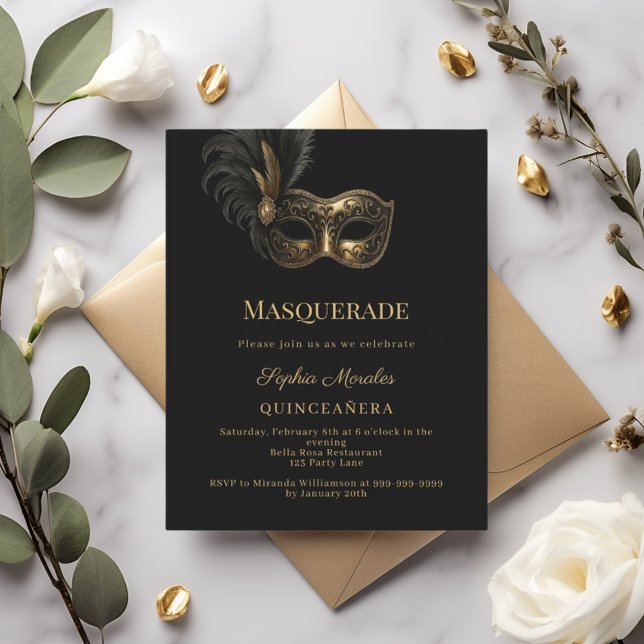 Black gold Masquerade Quinceanera invitation (Creator Uploaded)