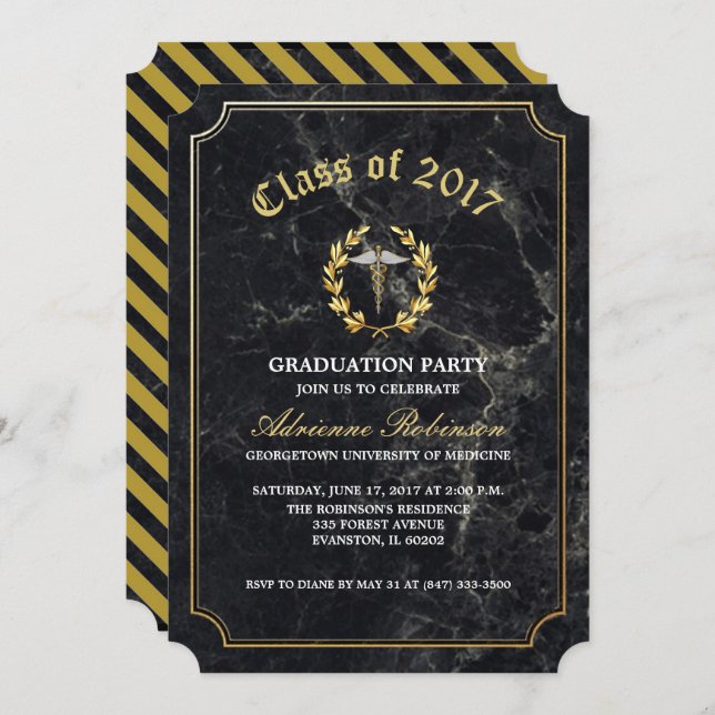 black gold med school graduation party invitation (Front/Back)