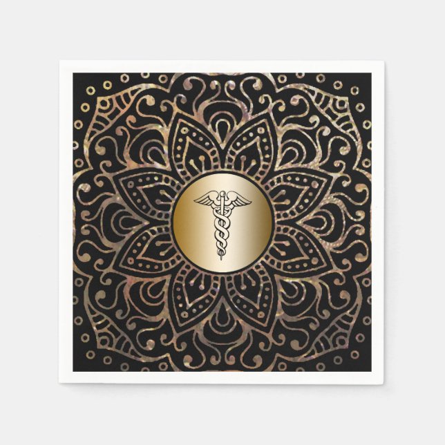 Black Gold Medical Caduceus Symbol Nurse Doctor Paper Napkins (Front)