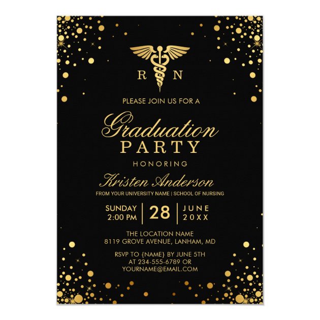 Black Gold Medical Nursing School Graduation Party Invitation