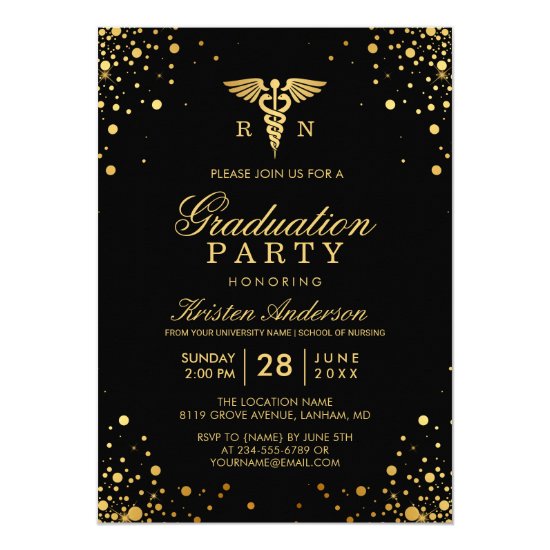Black Gold Medical Nursing School Graduation Party Invitation