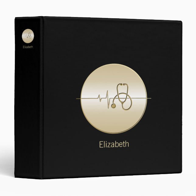 Black Gold Medical Stethoscope Heartbeat 3 Ring Binder (Front/Spine)