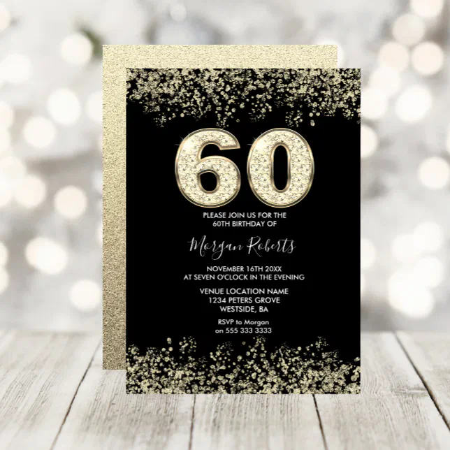 Black & Gold Mens or Womans 60th Birthday Party Invitation | Zazzle