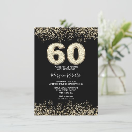 Black & Gold Mens or Womans 60th Birthday Party Invitation | Zazzle