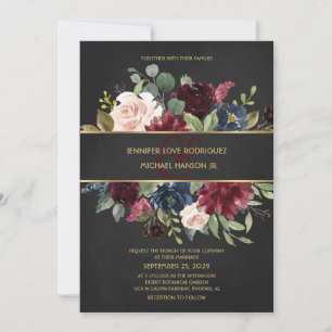 Black Gold Merlot Navy Floral Blooms Wedding Invitation