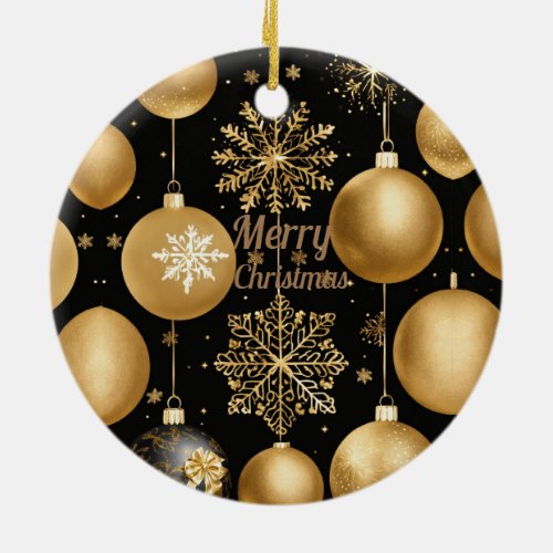 Black  Gold Merry Christmas Ball Ceramic Ornament