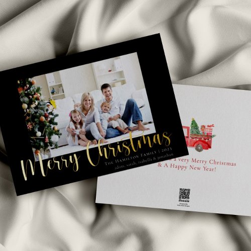 Black Gold Merry Christmas Family Photo Foil Holiday Card