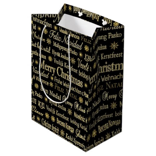 Black  Gold Merry Christmas In Different Language Medium Gift Bag