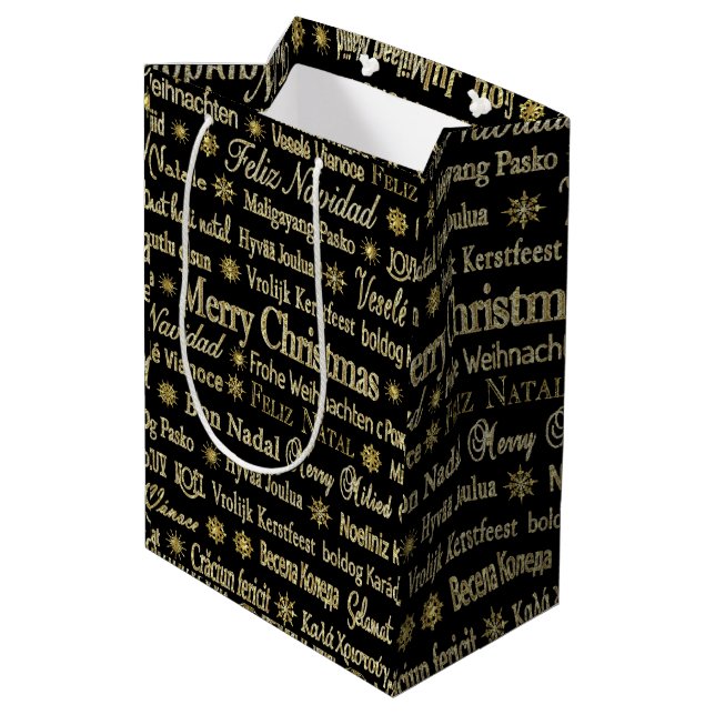 Black & Gold Merry Christmas In Different Language Medium Gift Bag (Back Angled)