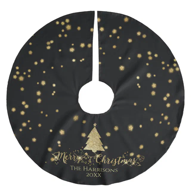Black Gold Merry Christmas Tree Sparkles Brushed Polyester Tree Skirt ...
