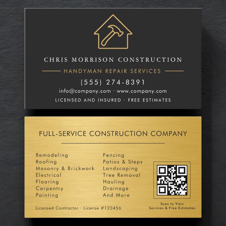 Black Gold Metal Handyman QR Code Construction Business Card