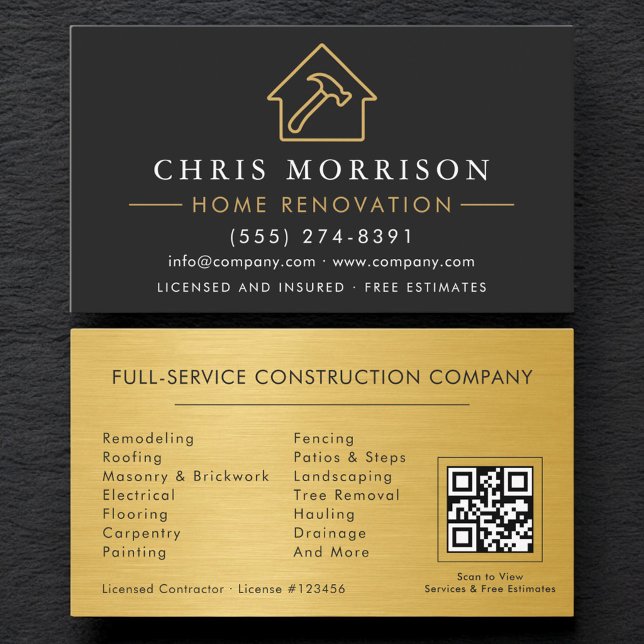 Black Gold Metal Home Renovation QR Code Business Card (Creator Uploaded)