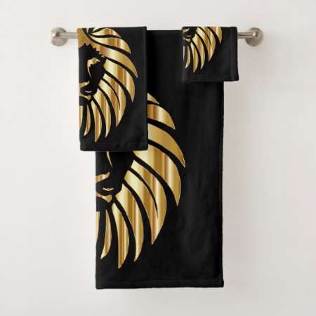 Black & Gold Metal Lion Head Bathroom Towel Set