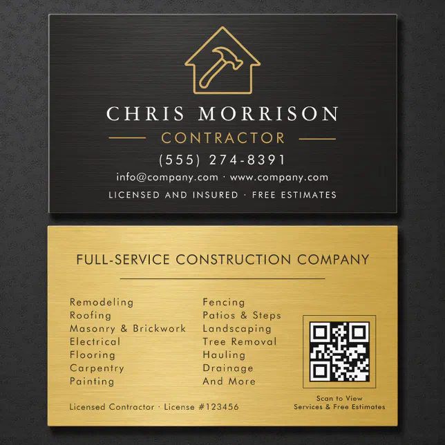 Black Gold Metallic Building Construction QR Code Business Card | Zazzle