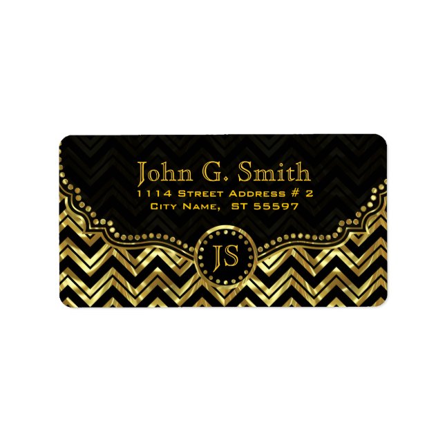 Black & Gold Metallic Chevron Zigzag Pattern Label (Front)