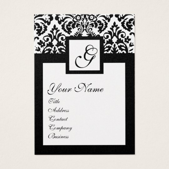 BLACK GOLD METALLIC DAMASK SQUARE MONOGRAM BUSINESS CARD