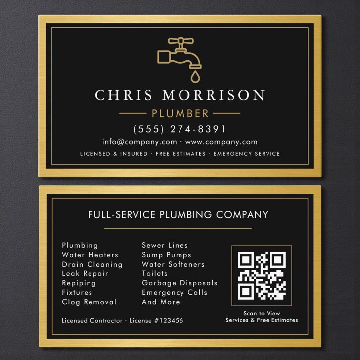Black Gold Metallic Plumber Contractor QR Code Business Card