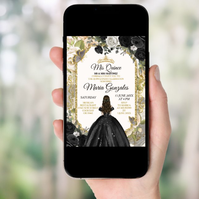 Black & Gold Mexican Charra Mis XV Anos Butterfly Invitation (Front Digital)