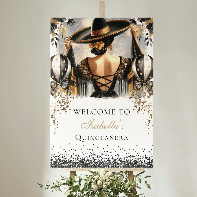 Black Gold Mexican Quinceañera Custom Welcome Poster (Creator Uploaded)
