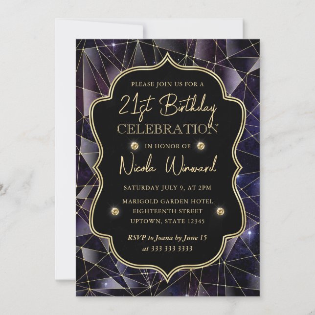 Black & Gold Midnight Crystal Galaxy 21st Birthday Invitation (Front)