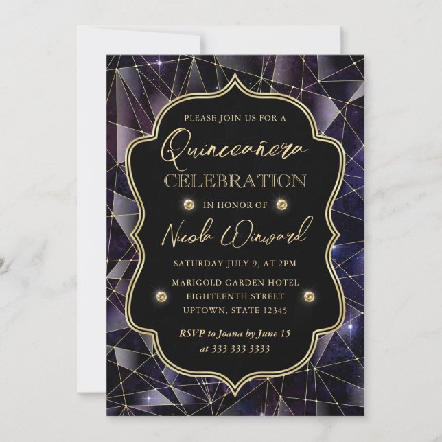 Black & Gold Midnight Crystal Galaxy Quinceanera Invitation (Front)