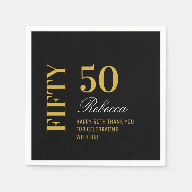 Black & Gold Minimal 50th Birthday Party Cocktail  Napkins (Front)