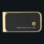 Black Gold Minimal Luxury Monogram Finish Money Clip<br><div class="desc">Minimalist modern money clip design features brushed metallic gold monogram medallion with your initial and name on a black background for a simple, luxurious professional look.</div>