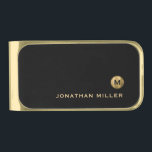 Black Gold Minimal Luxury Monogram Gold Finish Money Clip<br><div class="desc">Minimalist modern money clip design features brushed metallic gold monogram medallion with your initial and name on a black background for a simple,  luxurious professional look.</div>