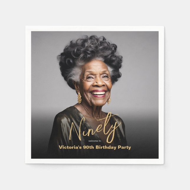Black Gold Minimal Modern Photo 90th Birthday  Napkins (Front)