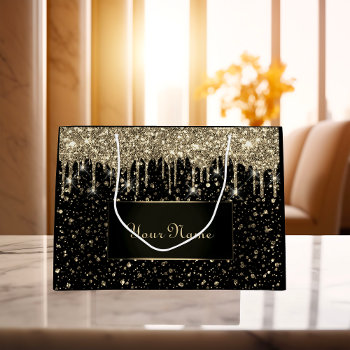 Black Gold Minimal Name Lux Vip Glitter Drips Large Gift Bag by luxury_luxury at Zazzle