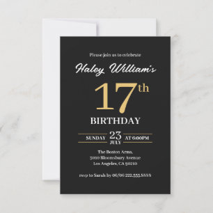 Black & Gold Minimalist 17th Birthday invitation