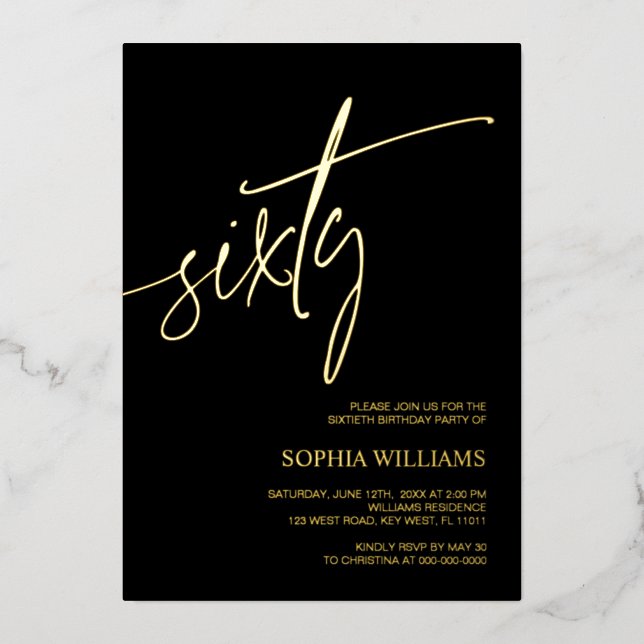 Black & Gold Minimalist 60th Birthday Invitation Foil Invitation (Front)