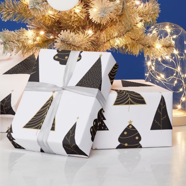 Black & Gold Minimalist Christmas Trees Wrapping Paper (Holidays)