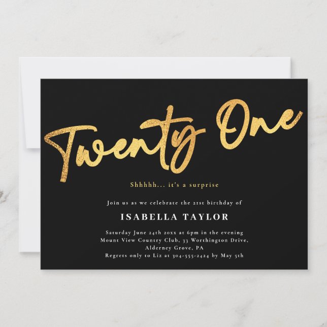 Black Gold Minimalist Elegant 21st Birthday Invitation (Front)