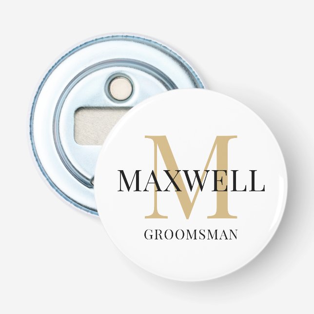 Black Gold Minimalist Groomsman Custom Monogram Bottle Opener (Front)