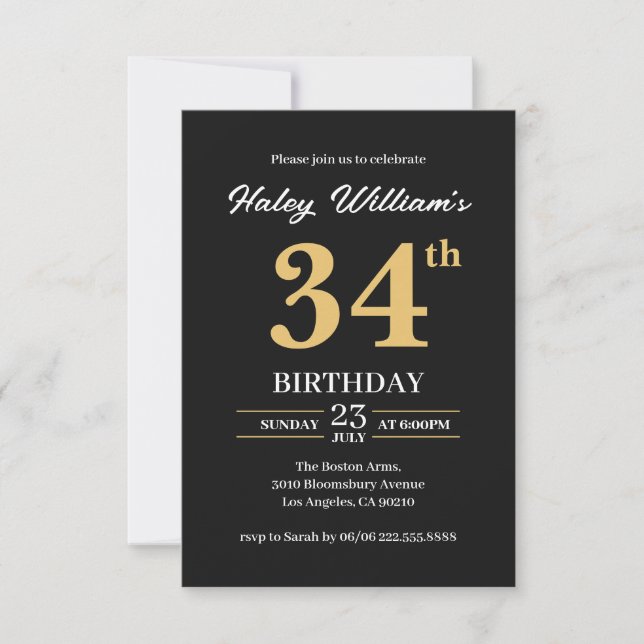 Black Gold Minimalist Modern Simple 34th Birthday Invitation (Front)