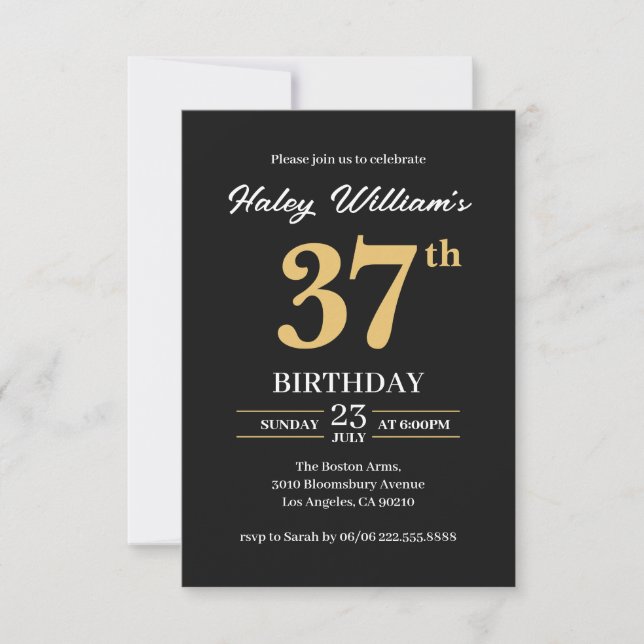 Black Gold Minimalist Modern Simple 37th Birthday Invitation (Front)