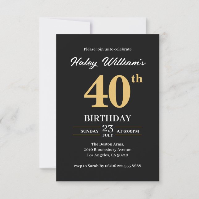 Black Gold Minimalist Modern Simple 40th Birthday Invitation (Front)
