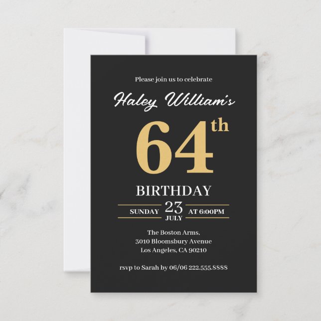 Black Gold Minimalist Modern Simple 64th Birthday Invitation (Front)